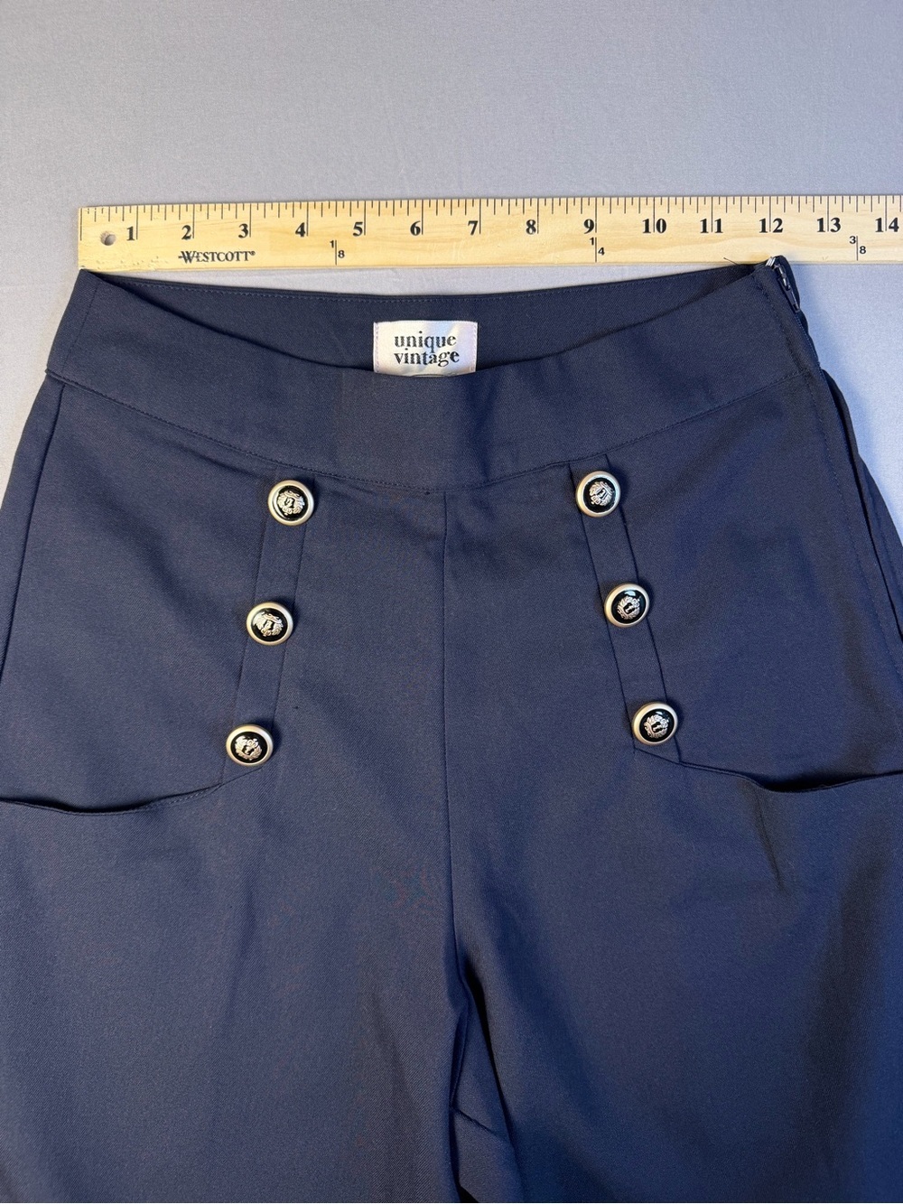 Unique Vintage Navy High-Waist Trousers with Nautical Sailor Buttons Size 4 - Picture 8 of 10